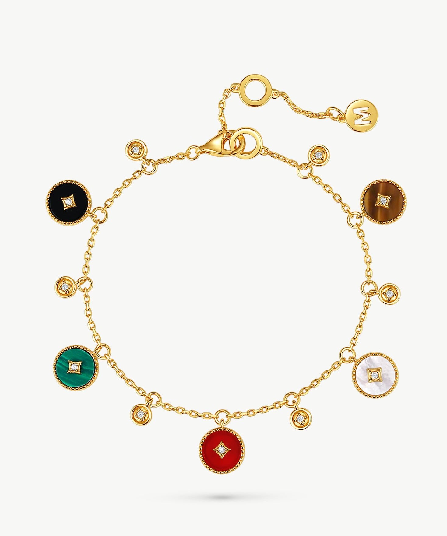 Gold Multi-Gemstone Coin Charm Bracelet | Belvria