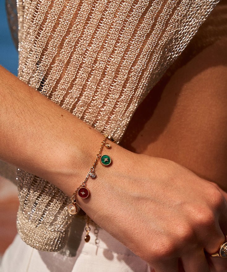Gold Multi-Gemstone Coin Charm Bracelet | Belvria