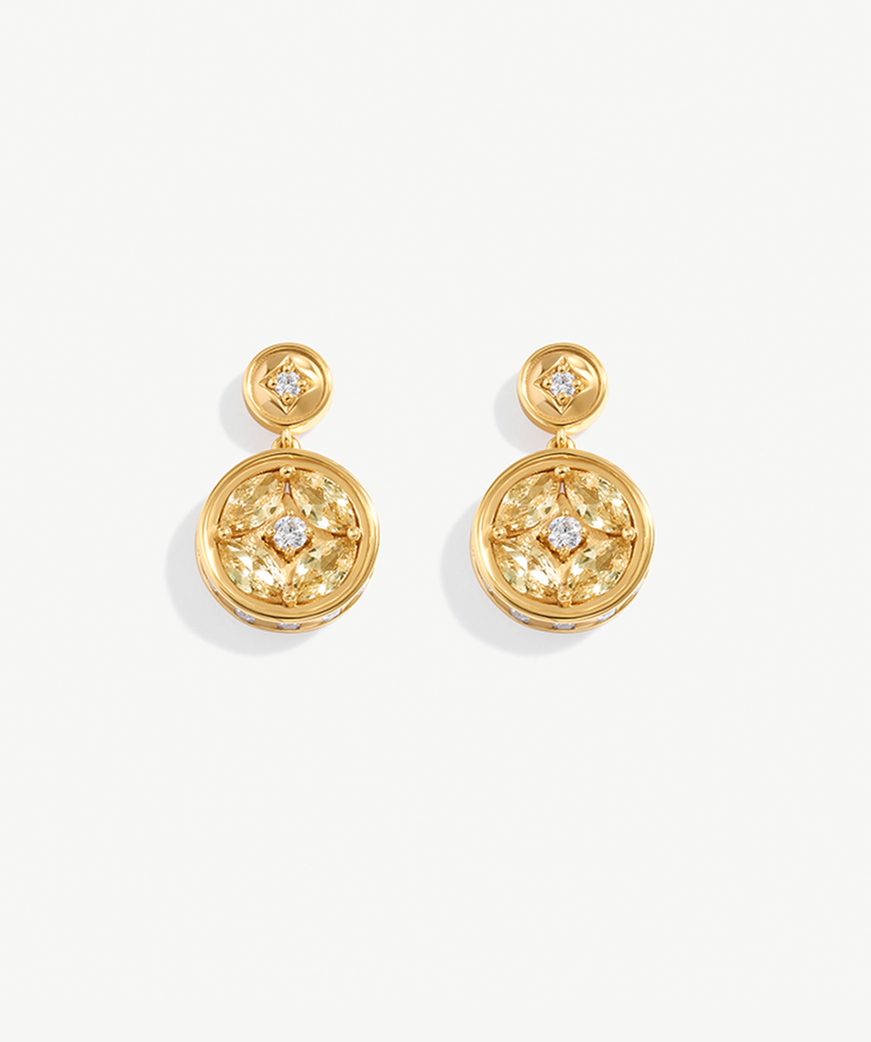 Gold Coin Drop Earrings with Champagne Stones | Belvria