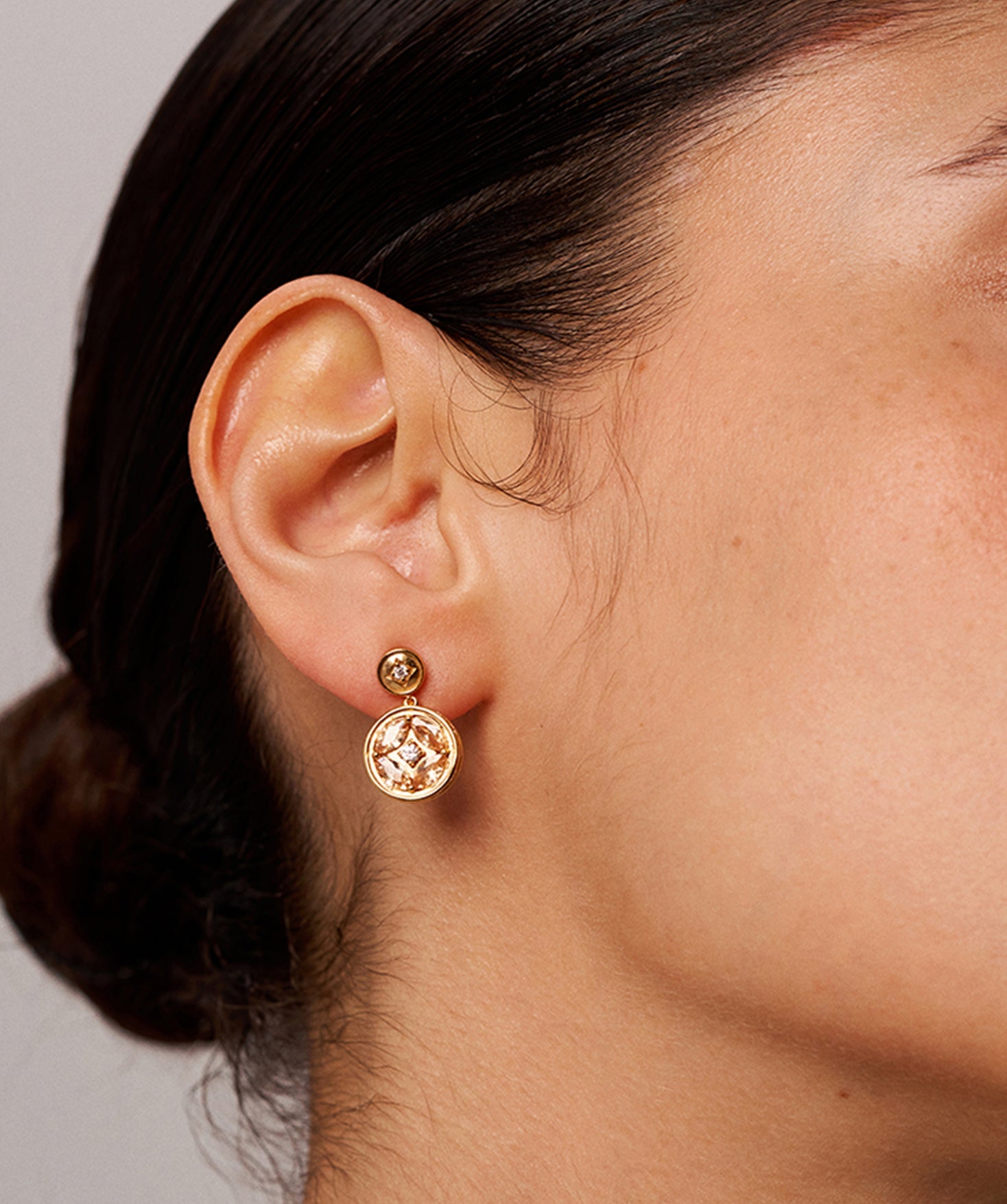 Gold Coin Drop Earrings with Champagne Stones | Belvria