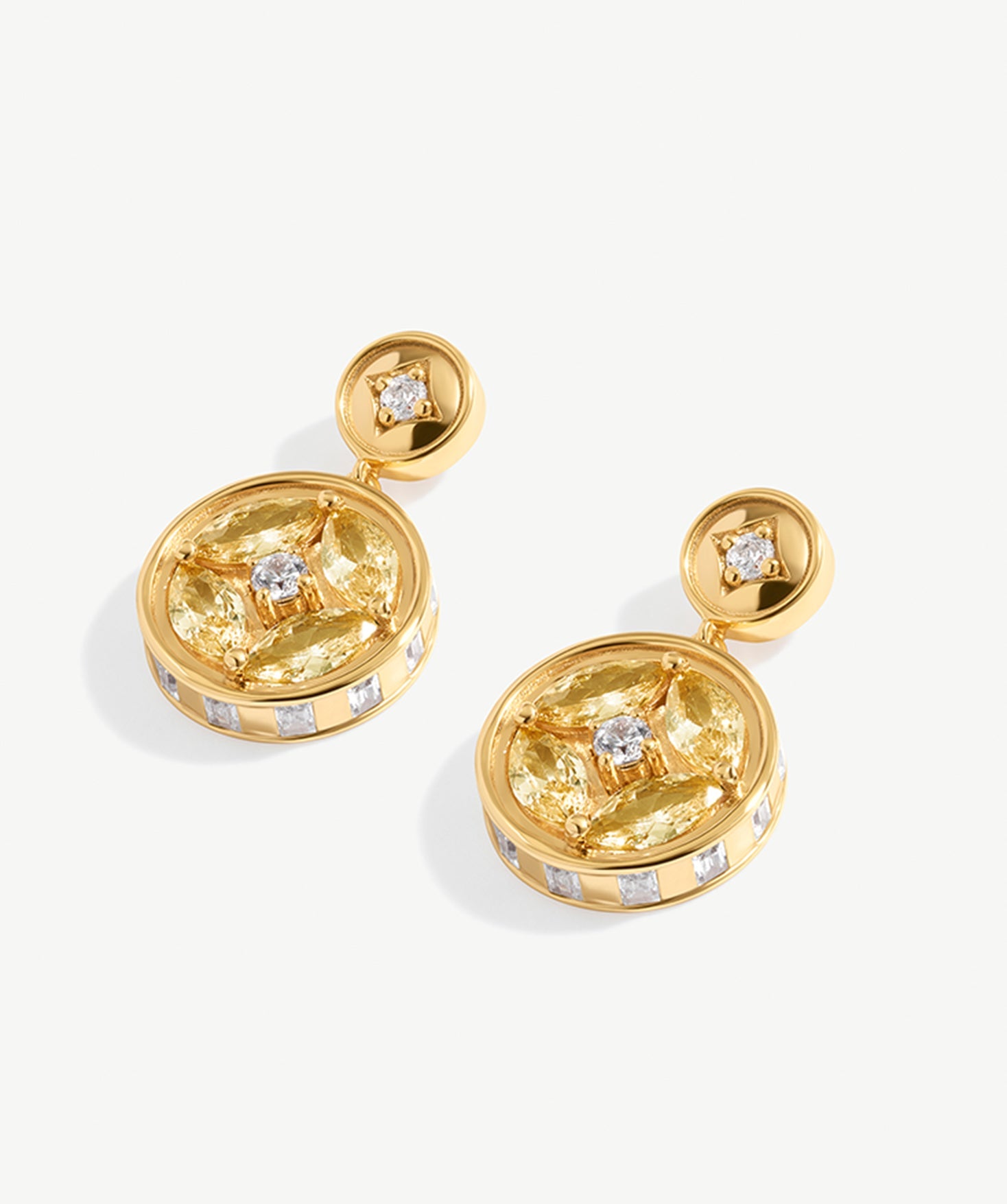 Gold Coin Drop Earrings with Champagne Stones | Belvria