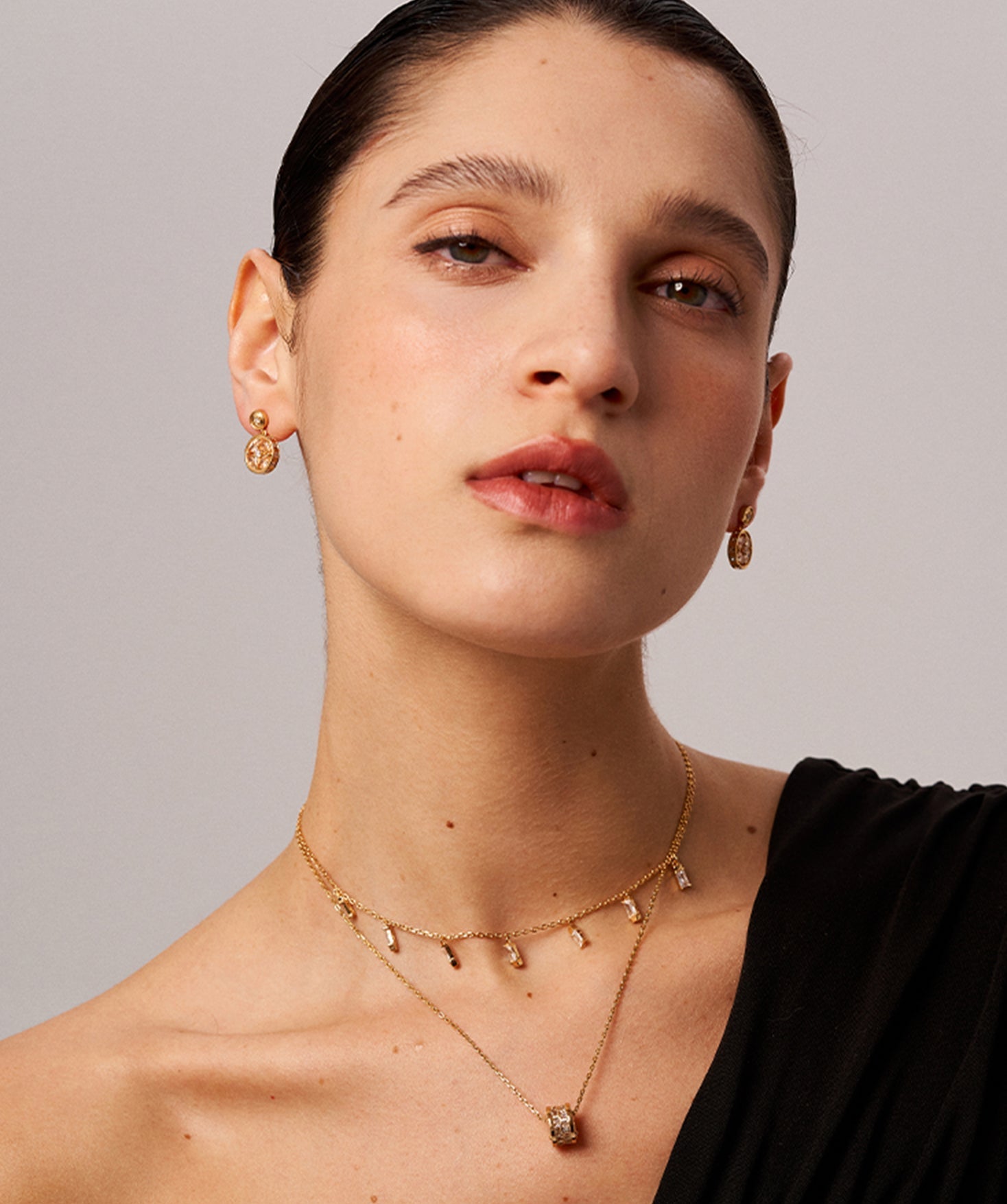 Gold Coin Drop Earrings with Champagne Stones | Belvria