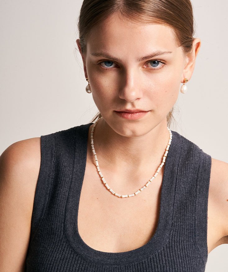 White Shell Bead Necklace with Gold Accents | Belvria